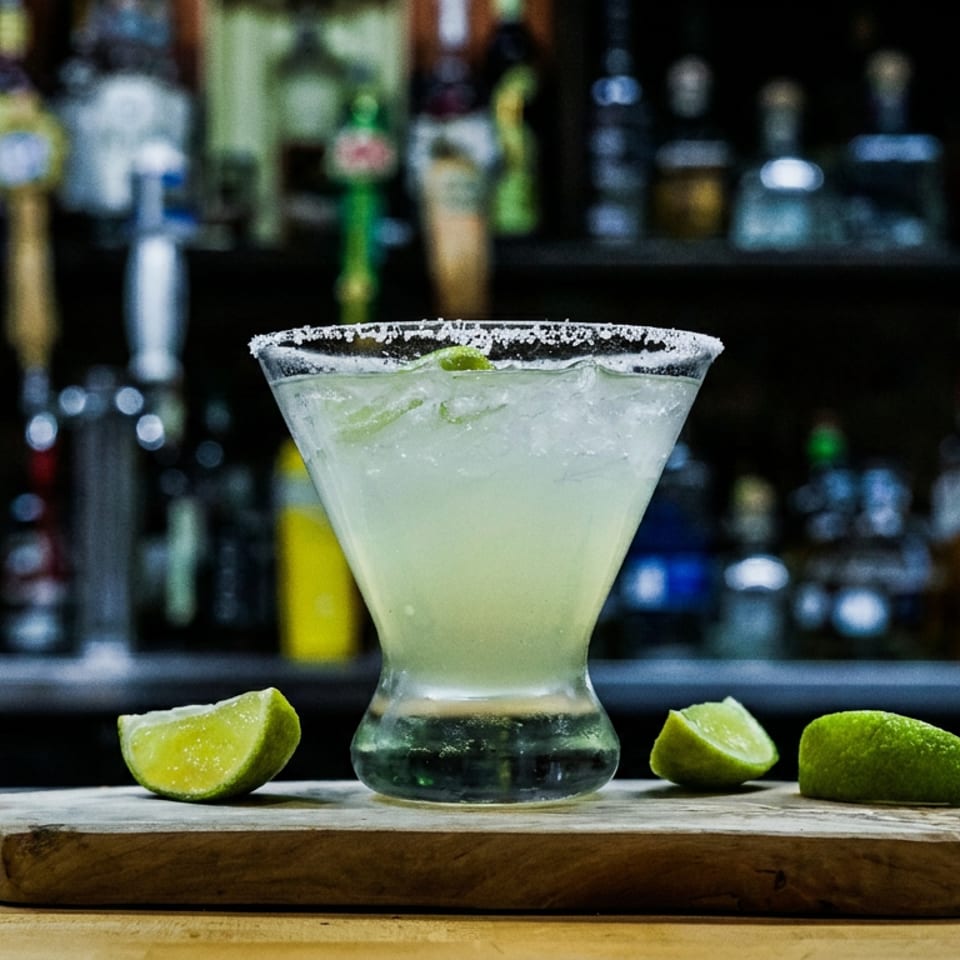 Salt-rimmed lime cocktail with ice sits in a margarita glass on a wooden board, surrounded by lime wedges and a bar of liquor bottles.