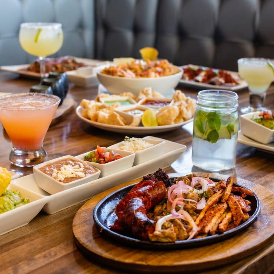 Restaurant table filled with colorful Latin dishes, tacos, grilled meats, dipping sauces, and citrus cocktails.